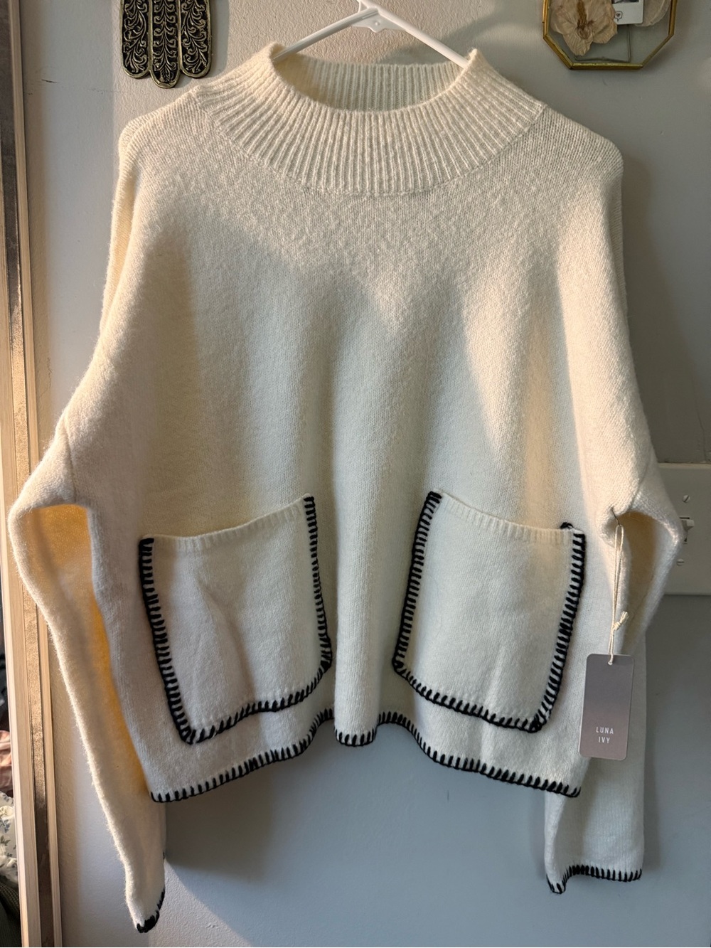 NWT Oversized Mock Neck Whipstitch Trim Sweater - Size M/L